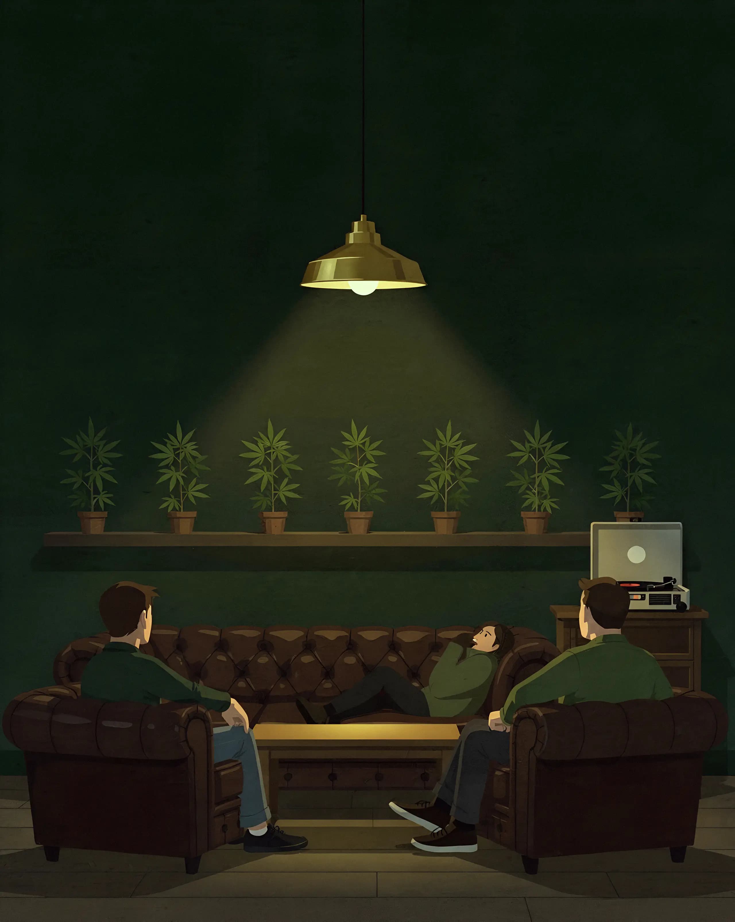 Illustration: eine Lounge bei Nacht, zwei Menschen auf einem Ledersofa, dahinter ein Regal mit jungen Pflanzen