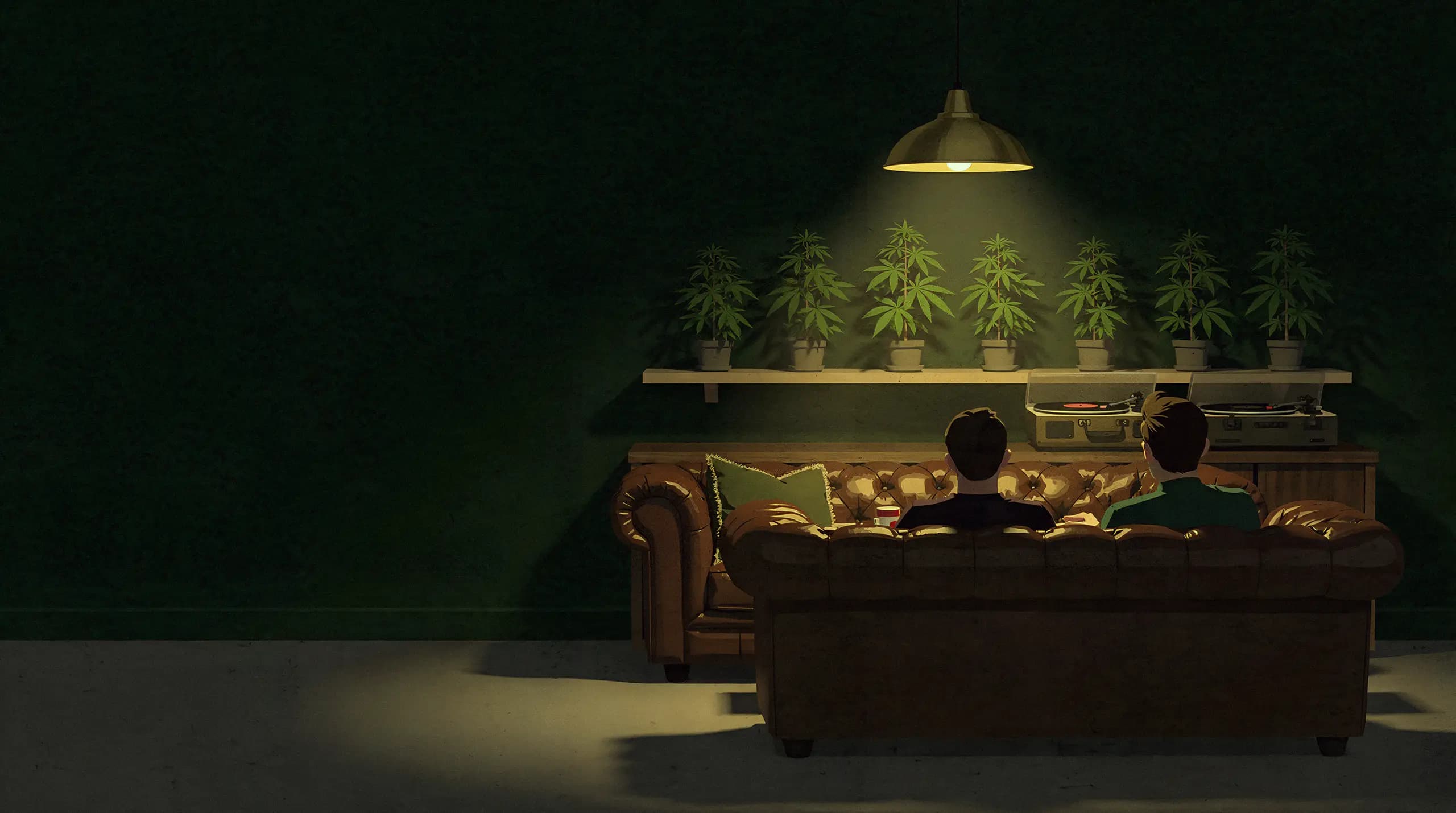 Illustration: eine Lounge bei Nacht, zwei Menschen auf einem Ledersofa, dahinter ein Regal mit jungen Pflanzen